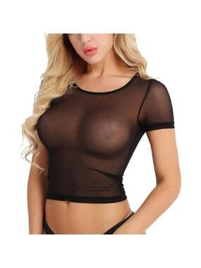 Women's Black Sleepwear Sheer Lace Lingerie Mesh T Shirt Short Sleeve Crop Tops